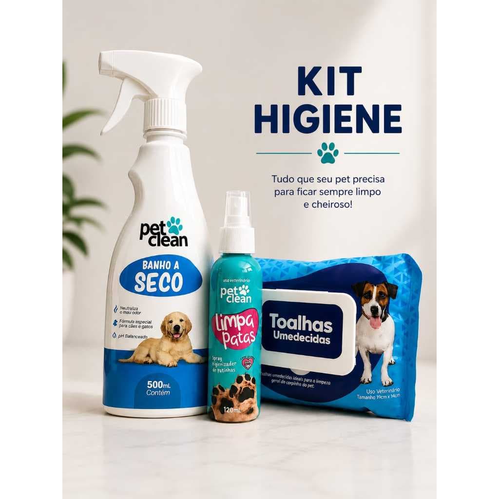 Kit 3 Produtos Higiene a Seco Limpa Pata 120 ml+ Banho a Seco 500 ml +Lenço umidecido 50 Un Pet Clean Cães e Gatos