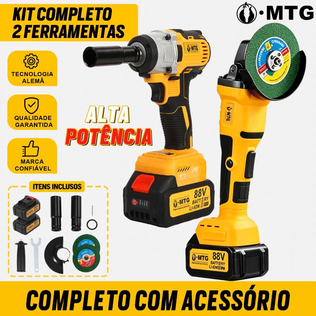 Kit 2 Ferramentas MTG 88V Sem Fio Chave de Impacto + Esmerilhadeira Angular com 2 Baterias Lítio e Acessórios Completo