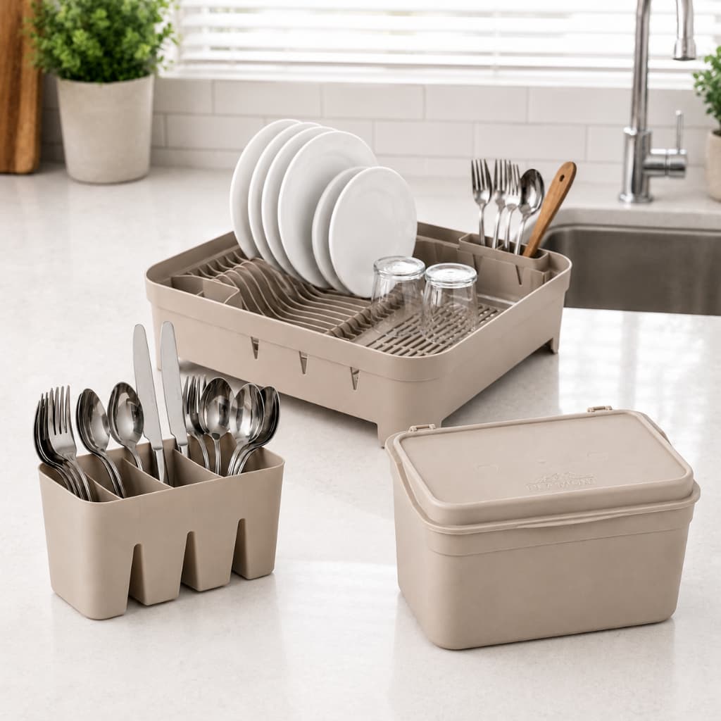 Kit Cozinha 3 Peças Escorredor de Louça Escorredor de Talher e Saleiro Plástico Branco Preto ou Bege