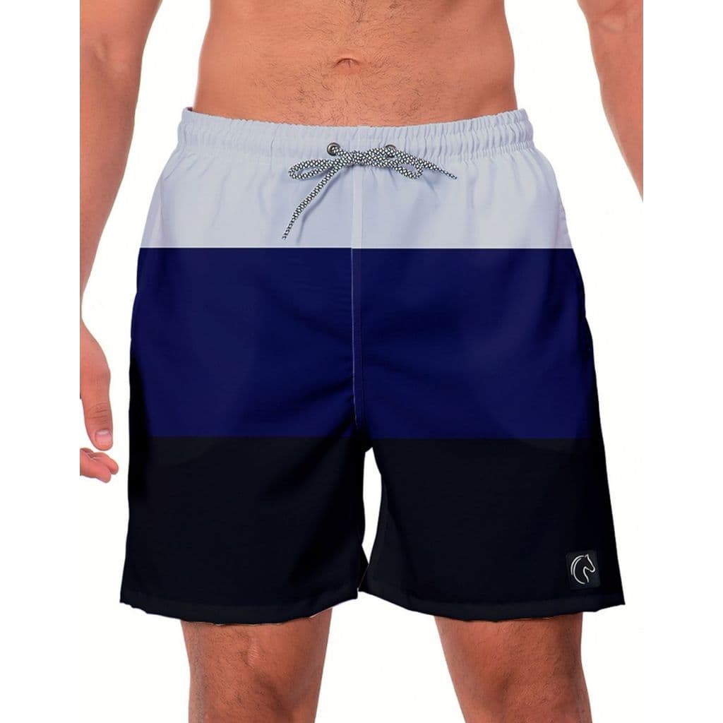 Short Masculino Listrado Azul Cinza e Preto Bermuda Praia Moda Verão Casual Confortável Leve Secagem Rápida