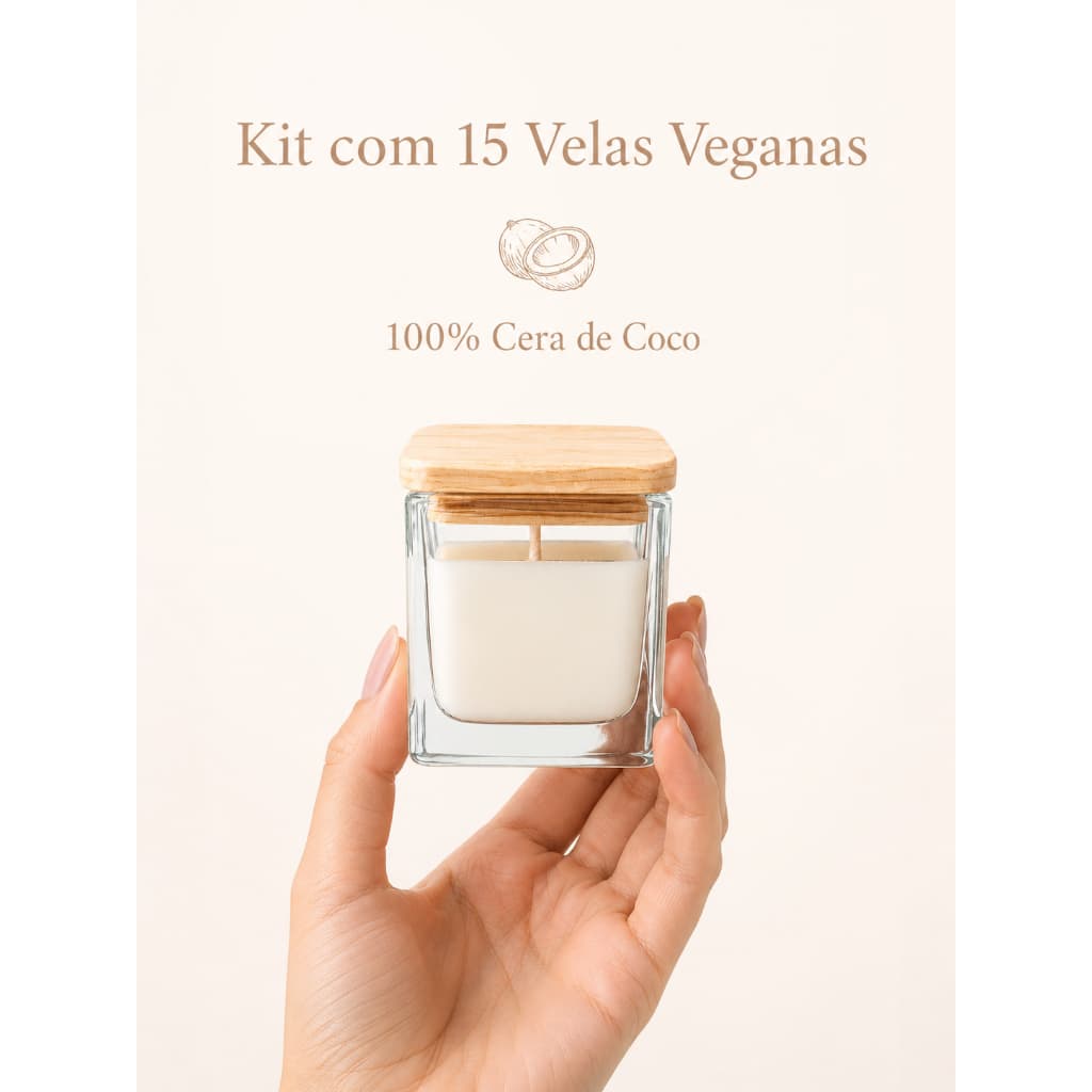 15 Velas Veganas pote 70 ml QUADRADO p/ Lembrancinhas Presentes Brindes - SEM Personalização - Tampa Madeira