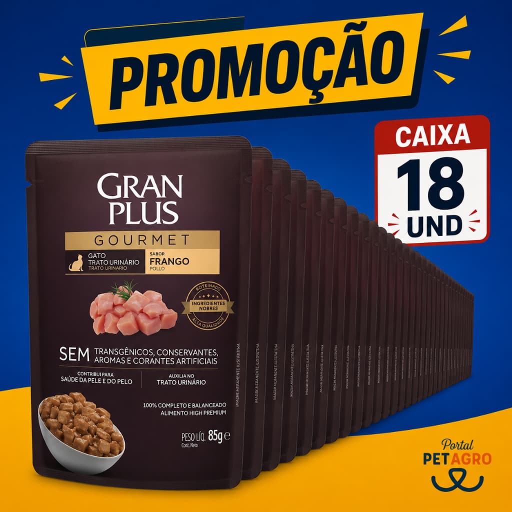 Caixa 18 und Sachê Granplus Gato Trato Urinário Frango 85