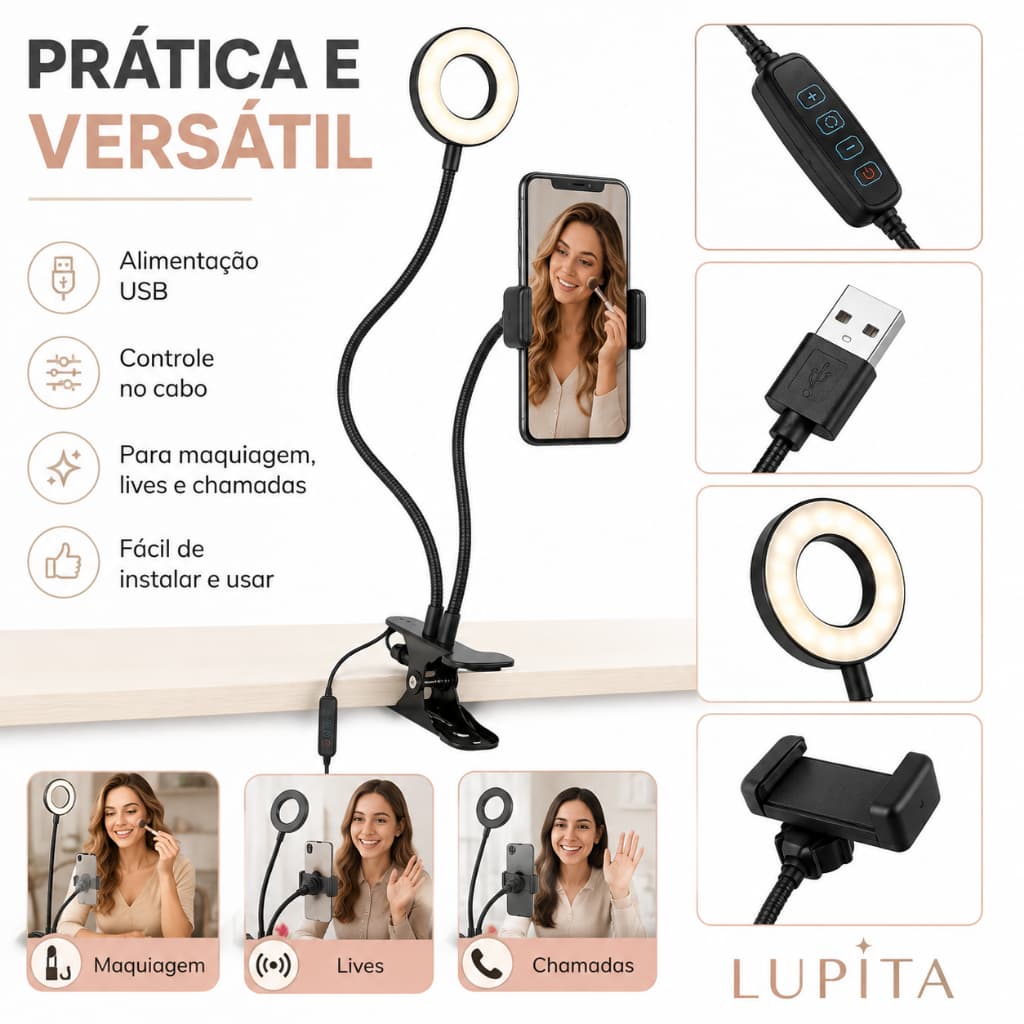 Iluminador Ring Light Led Mesa Prendedor Celular Selfie Pret LUPITA