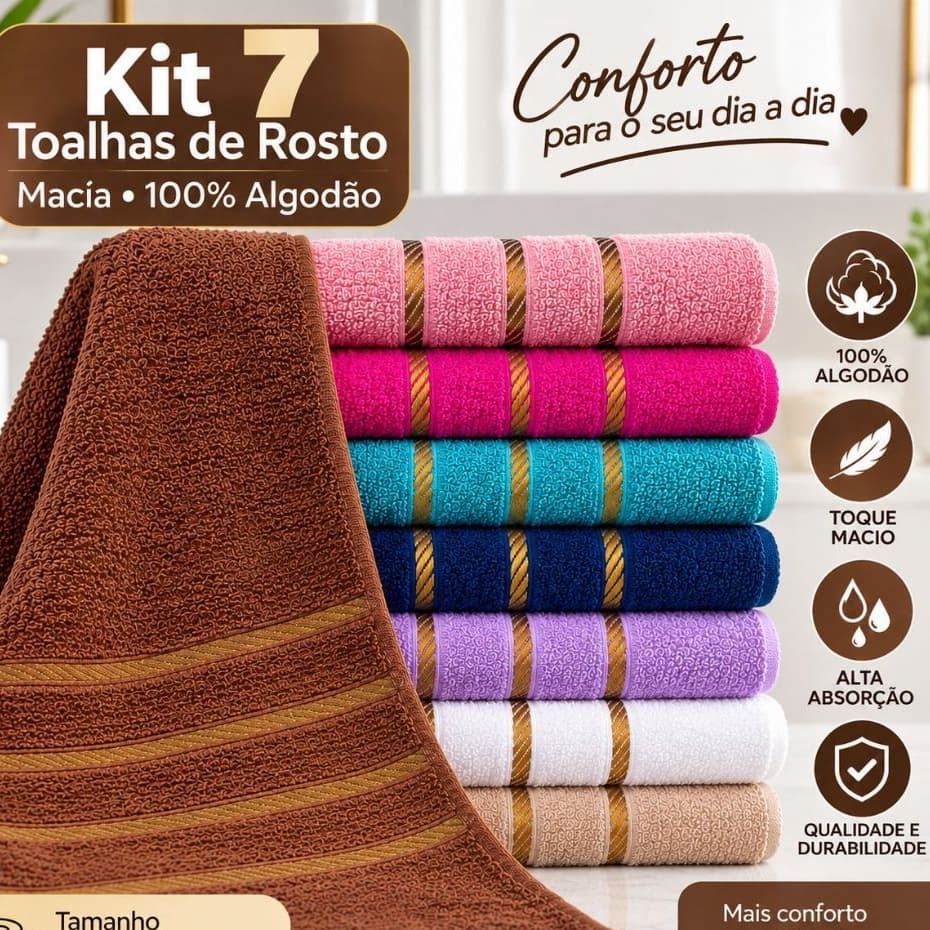 Kit 7 Toalhas de Rosto Absorção Rápida Banheiro Jogo de Toalhas de Rosto