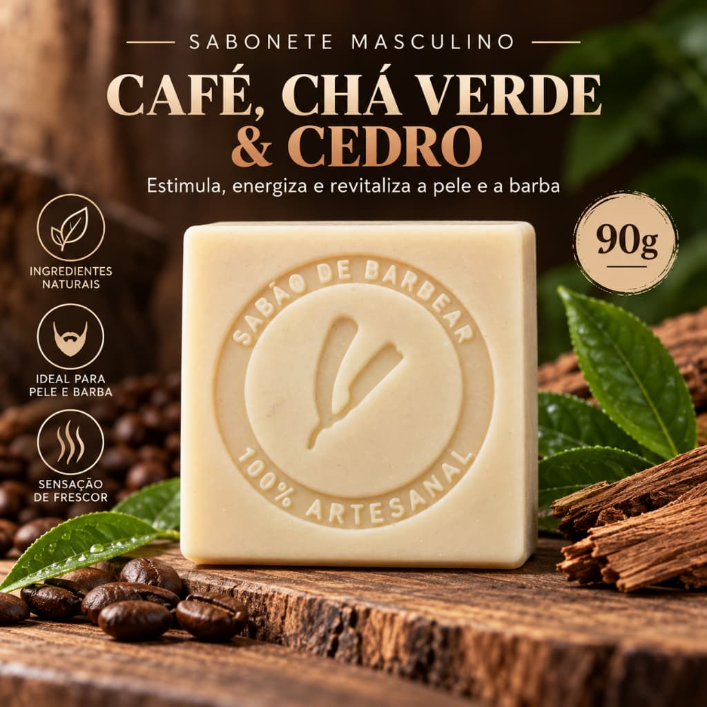 Sabonete de Barbear Masculino Café, Chá Verde & Cedro 90g | Artesanal com Óleo de Rícino e Semente de Uva