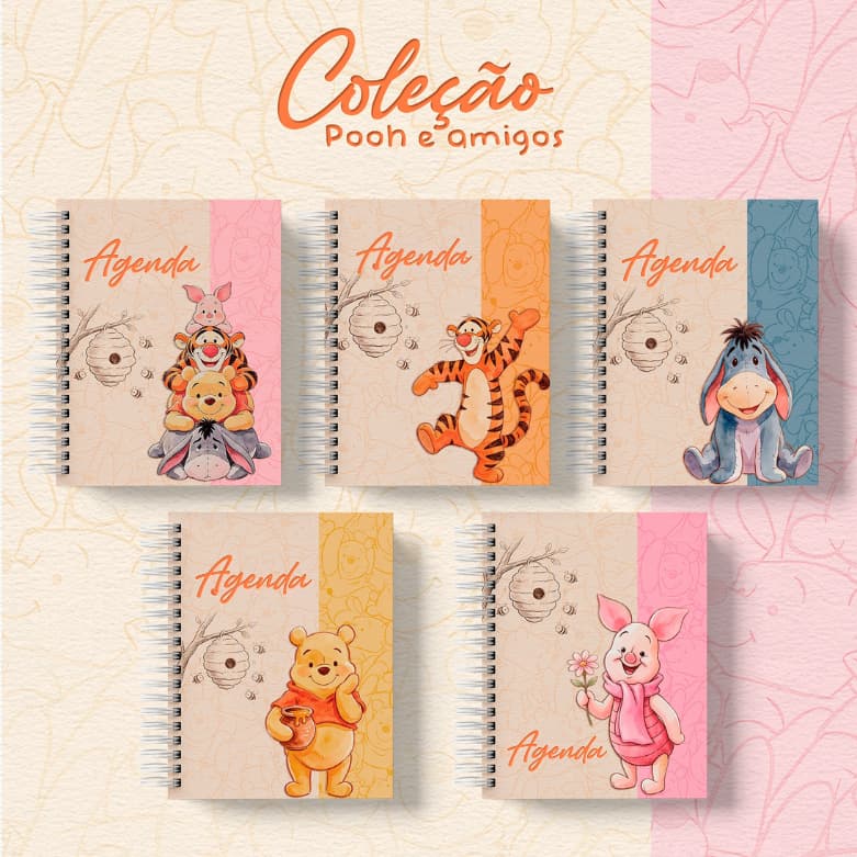 Agenda e Planner Coleção Ursinho Pooh | 1 ou 2 Dias por Página | Mini A6 e Planner Médio + Chaveiro