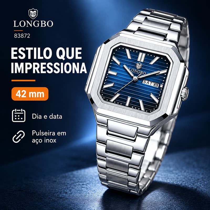 Relógio Masculino Longbo 83872 Quadrado de Quartzo com Pulseira em Aço Inoxidável Calendário Duplo e Ponteiros Luminosos