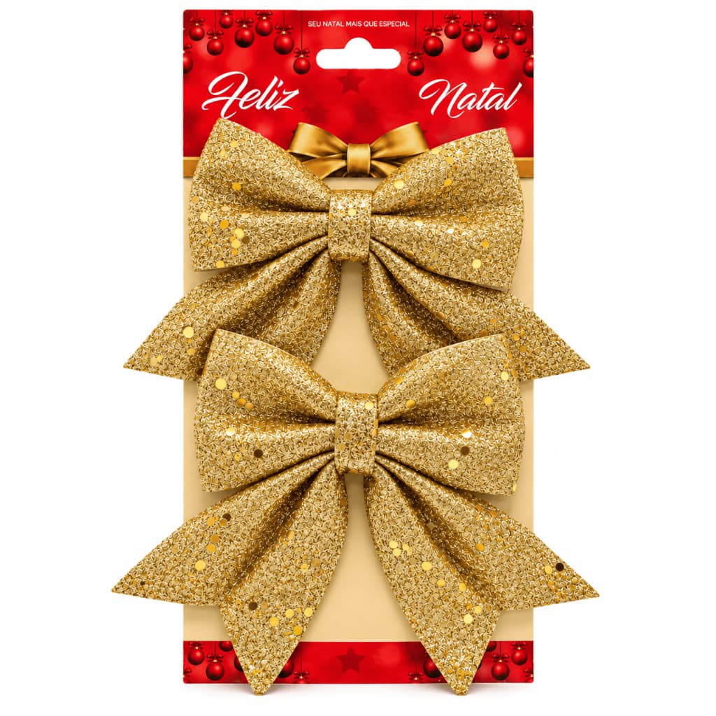 Kit 2 Laços Dourados com Glitter para Decoração de Natal - Enfeite para Árvore, Guirlanda, Presentes e Vitrines - Brilho