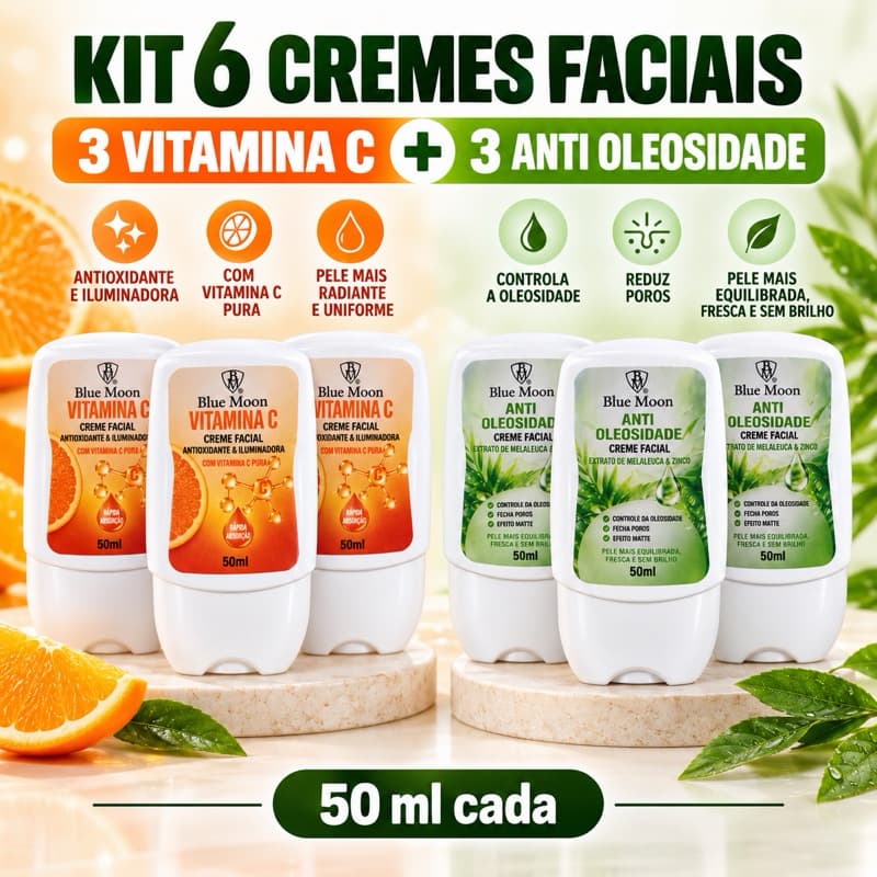 Kit 6 Creme Facial Blue Moon 50ml – 3 Vitamina C + 3 Anti Oleosidade com Melaleuca e Zinco para Revenda