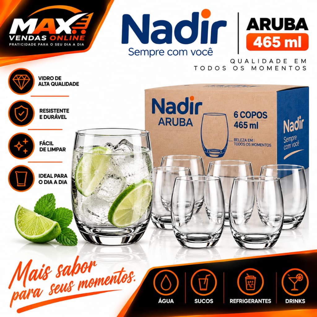 Copo de Vidro Nadir Aruba 465ml Jogo 6 Peças Transparente para Água Suco Refrigerante