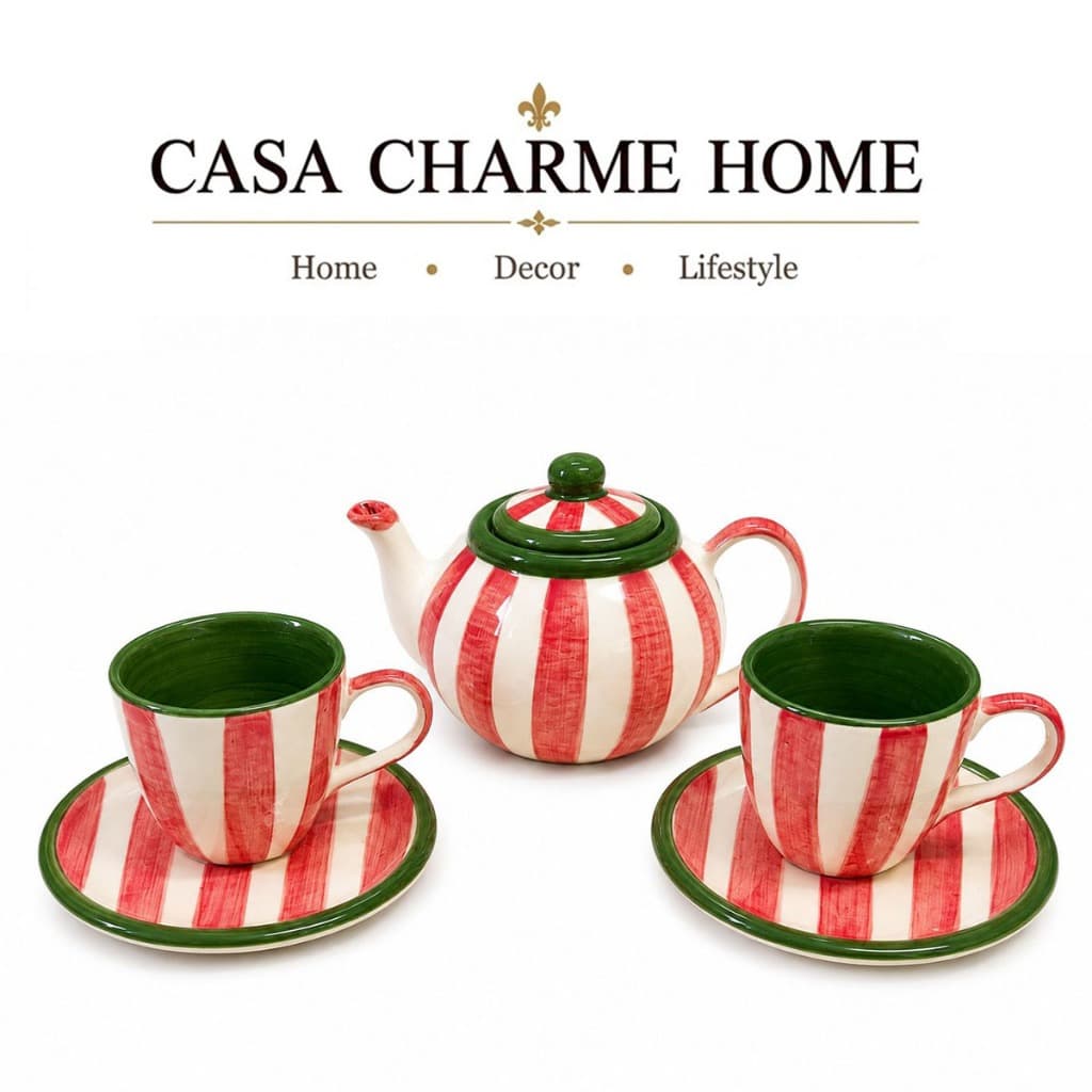 Kit Chá de Cerâmica Pintada à Mão Chaleira 600ml com 2 Xícaras 180ml e Pires Natal