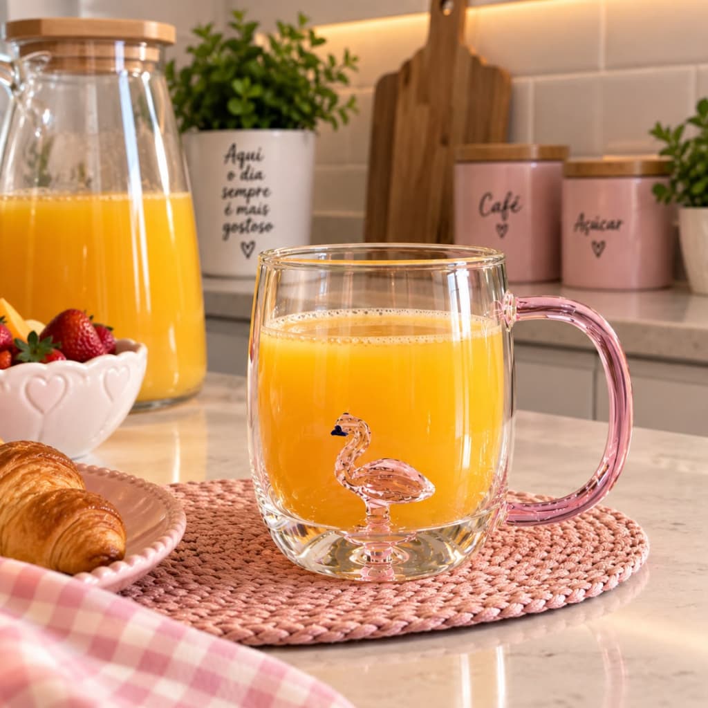 Caneca Vidro Com Flamingo 3d 1un Dentro Escultura Vidro Pássaro Rosa