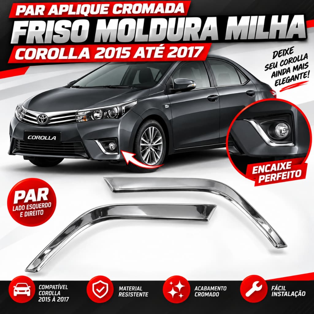 Par Aplique Cromada Friso Moldura Milha Corolla 2015 Até 2017