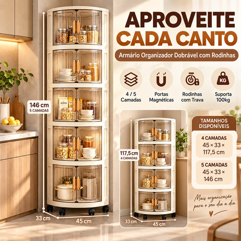 Armário Organizador de Canto Dobrável Multiuso com Rodinhas para Cozinha e Lavanderia 4 ou 5 Camadas