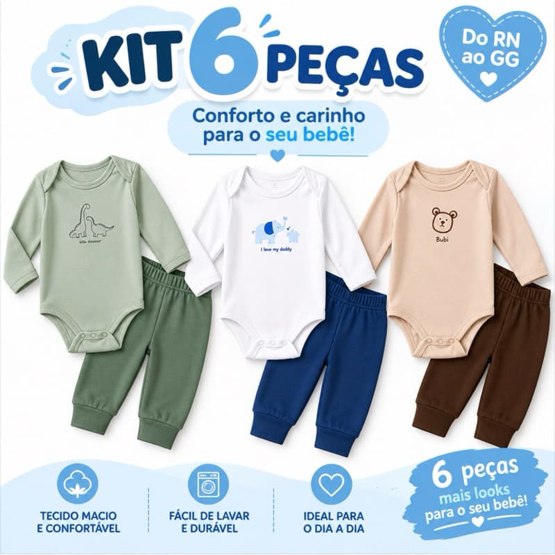 Kit 6 Peças Roupa de Bebê Body Manga Longa e Calça Mijão Menino Do RN ao GG