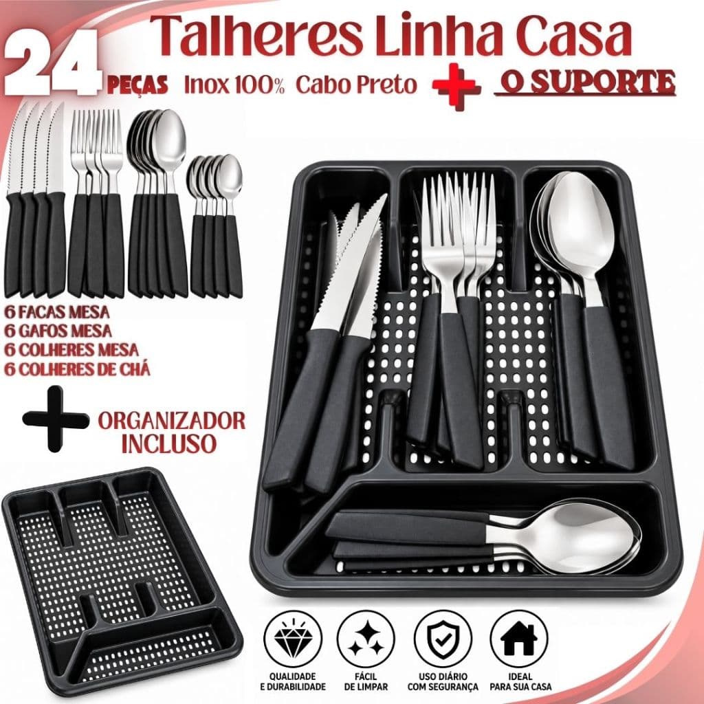 Jogo 25 Talheres cabo colorido Aço Inox 24 Peças + Porta talher Talher Conjunto Cozinha Restaurantes.