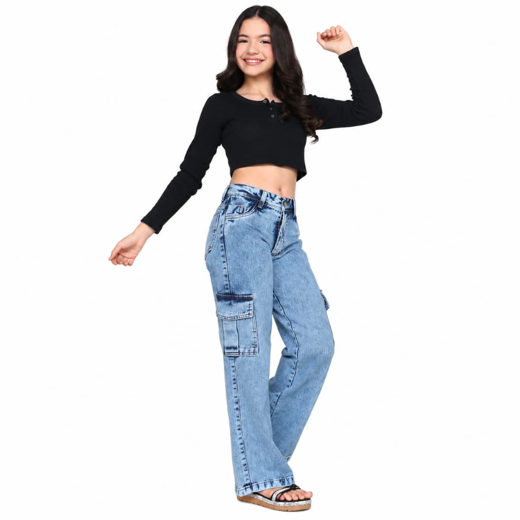 Calça jeans feminina menina cargo wide leg pantalona 10 ao 16