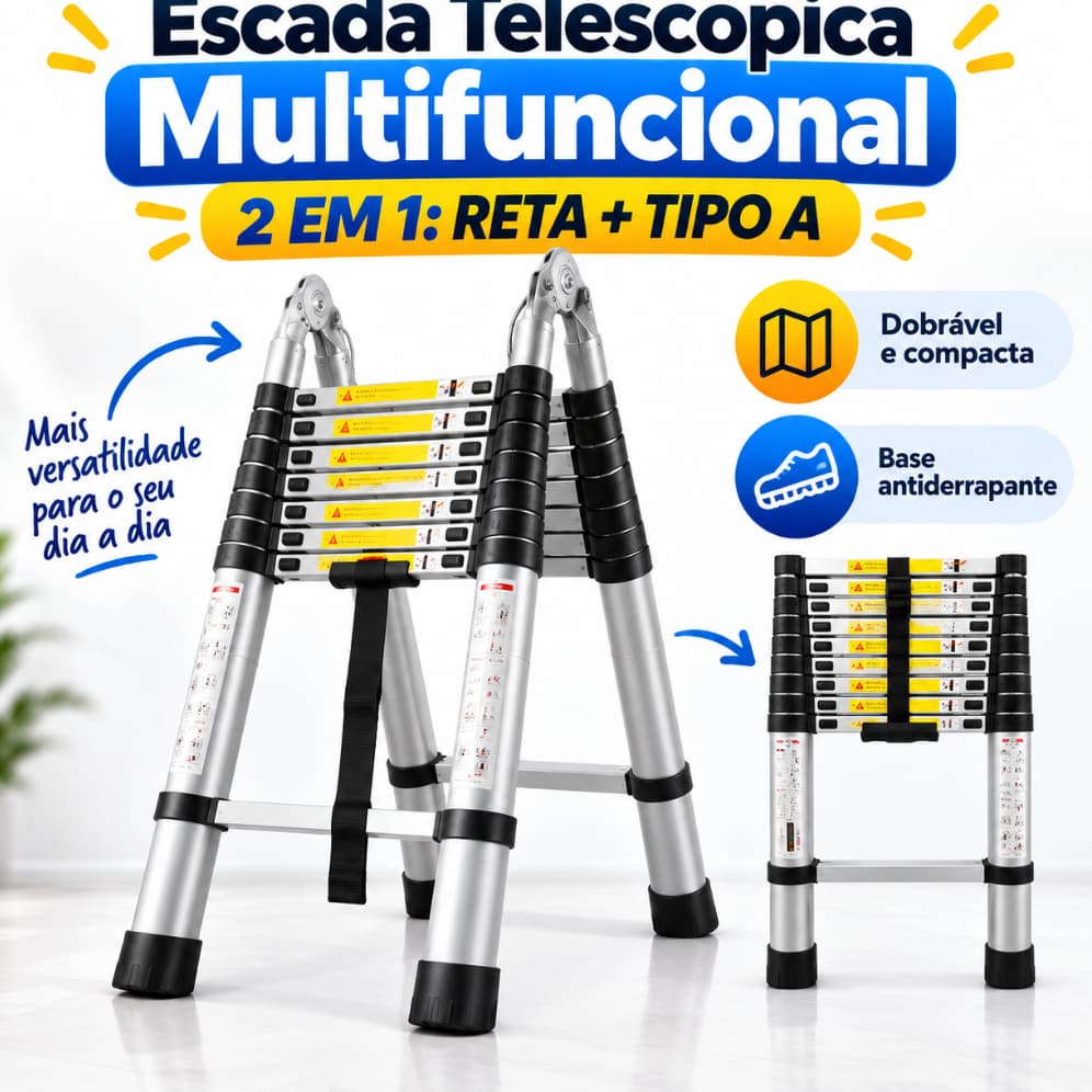 Escada Telescópica Multifuncional 4,2m Alumínio Dobrável 2 em 1 Reta e Tipo A Antiderrapante