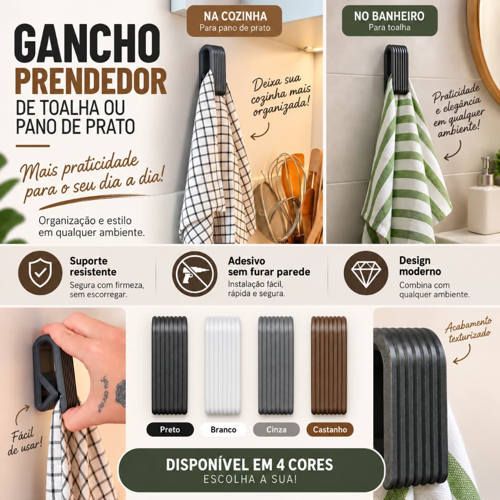 Gancho Prendedor de Toalha e Pano de Prato Adesivo Sem Furo 3D Resistente Cozinha Banheiro Organizador