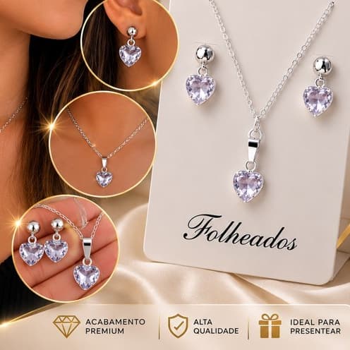 Conjunto Colar e Brincos Feminino Folheado Coração Cristal  Delicado Elegante Presente