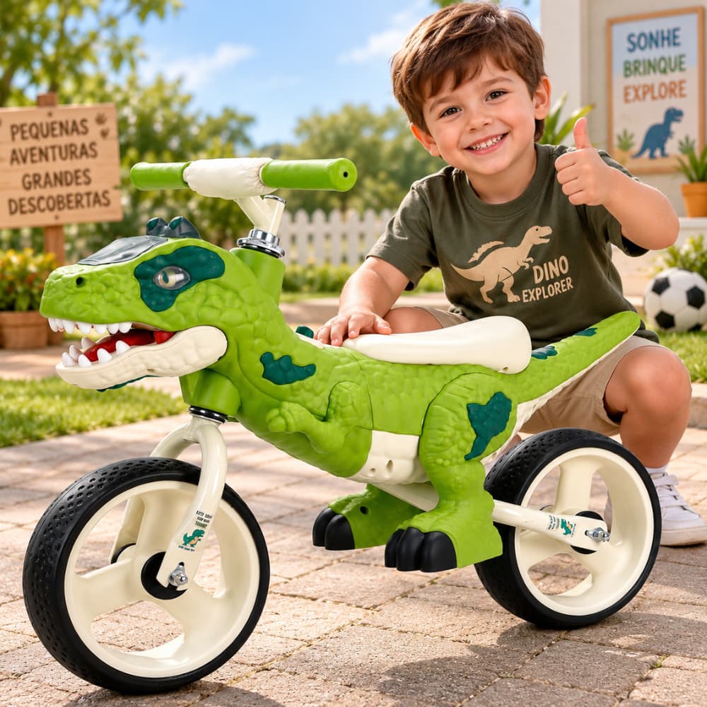 Bicicleta Infantil Aro 12 Sem Pedal Dinossauro T-Rex Verde com Luz Som Equilíbrio Até 25kg