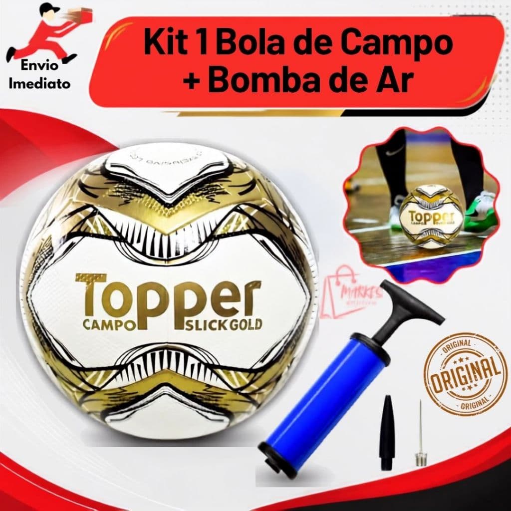Bola de Campo Topper Gold Slick Oficial Original + Bomba Portátil Futebol de Campo Profissional