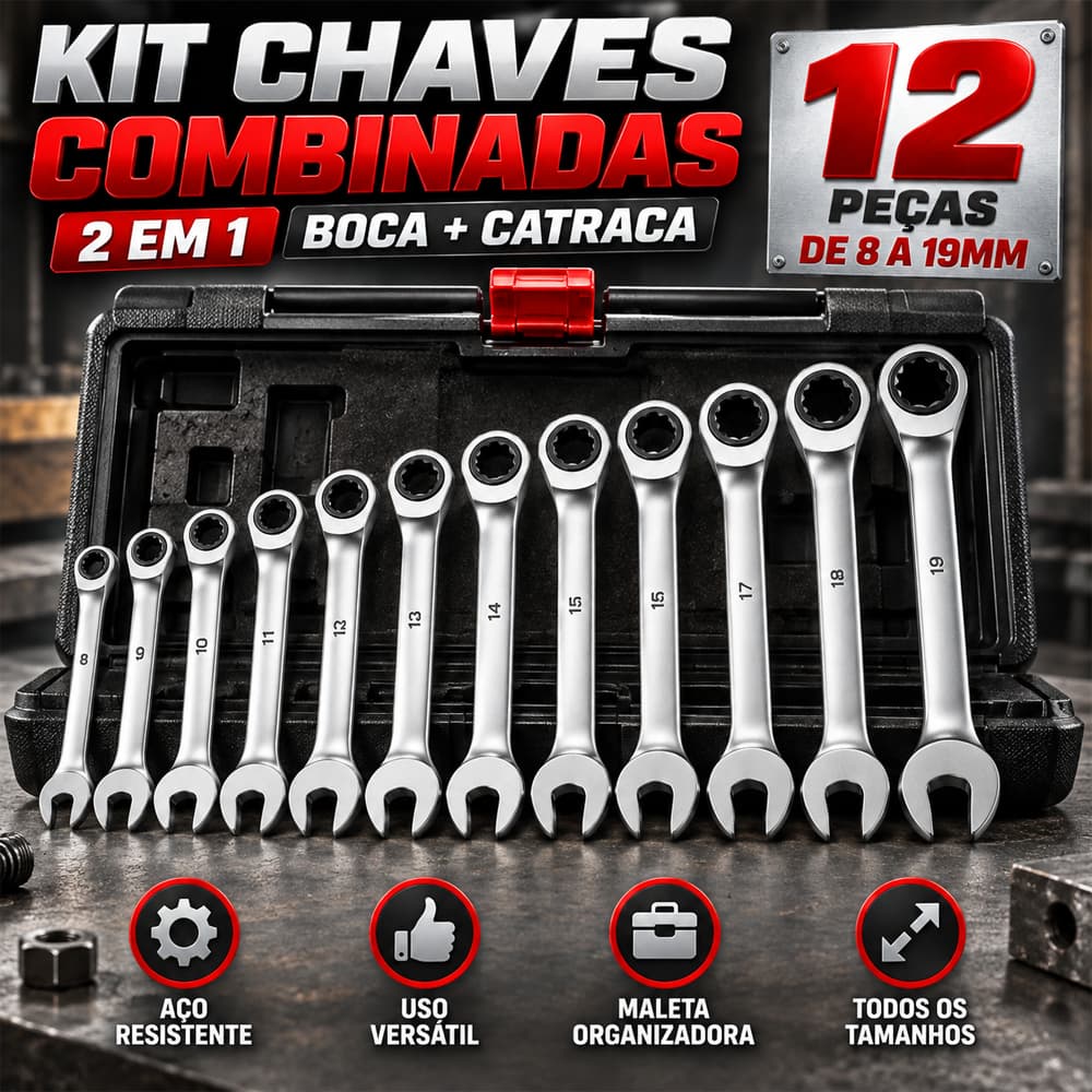 2 em 1 Jogo de Chaves Combinadas com Catraca – 12 Peças de 6 a 19mm | Aperto Rápido Vem com caixa de ferramentas
