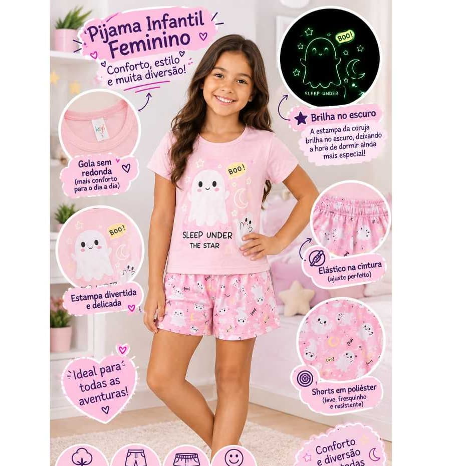 Conjunto pijama infantil verão menina tema Boo tamanho 1 ao 8 shorts + blusa manga curta confortavel