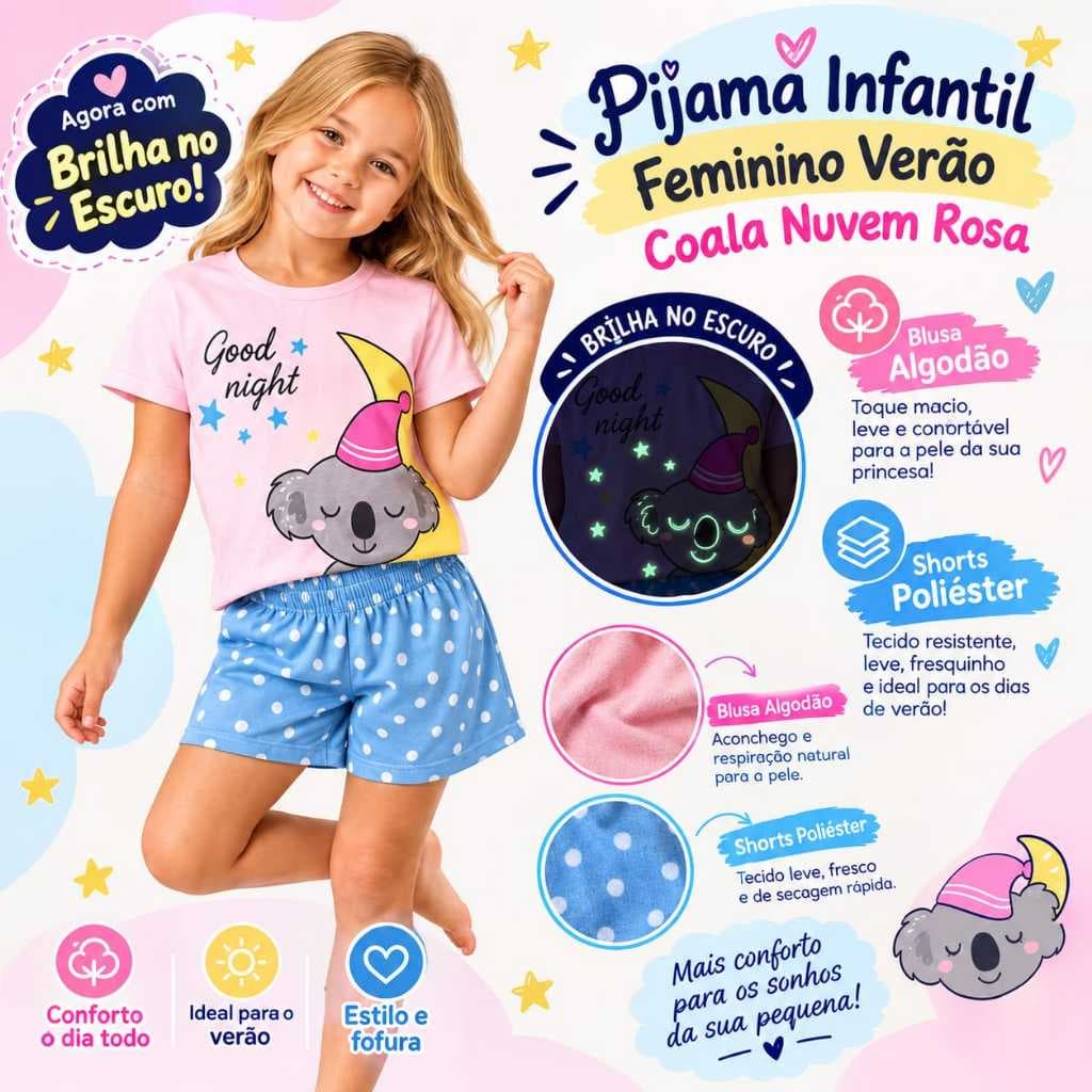 Conjunto pijama infantil verão menina tema Lua,Coala tamanho 1 ao 8 shorts + blusa manga curta confortavel
