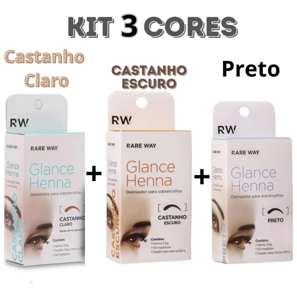 Kit 3 Cores Henna Sobrancelha Glance - Rare Way - Preto - Castanho Escuro - Castanho Claro