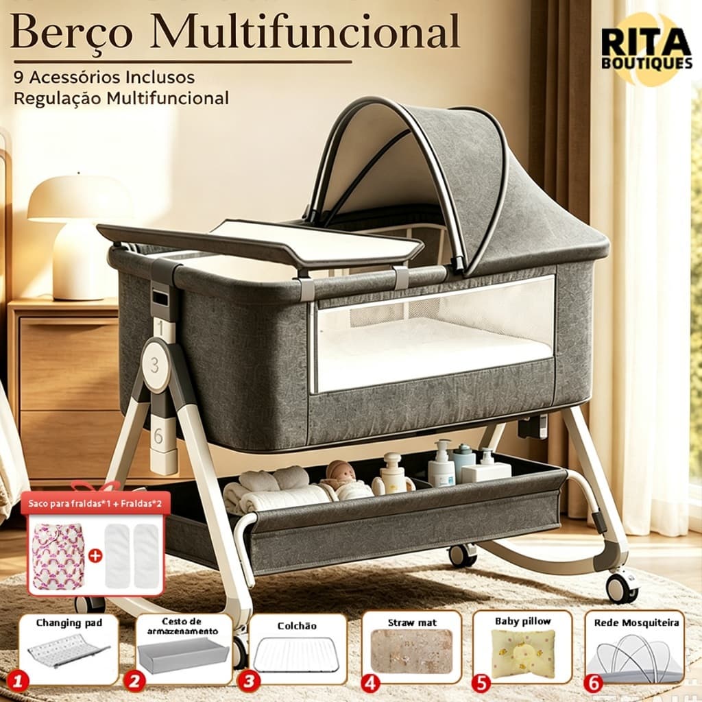 Berço Moisés Portátil Multifuncional Até 25kg 6 Posições Altura E Inclinação De Ajuste Função De Balanço