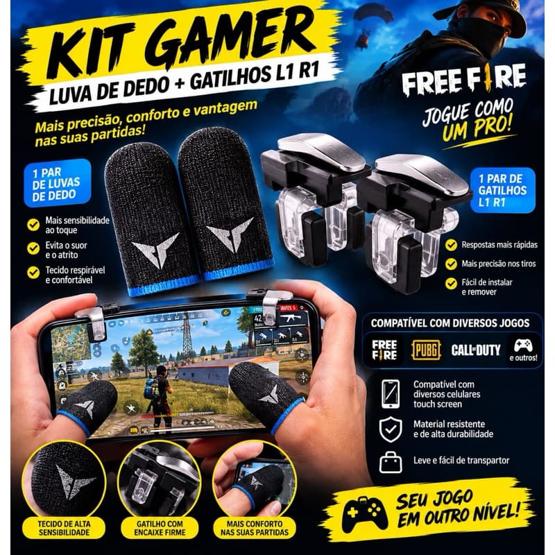 Kit Gamer Luva de Dedo + Gatilhos L1 R1 para Celular Free Fire