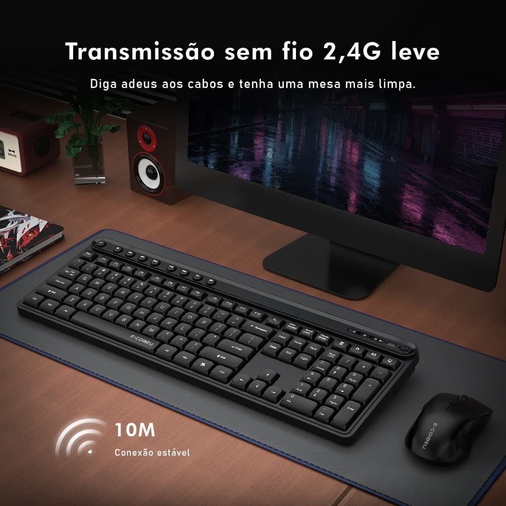Conjunto Teclado Mouse Wireless 2.4G E-COIBEU Teclado com Atalhos Multimídia, Mouse Ajustável DPI, Plug and Play Preto