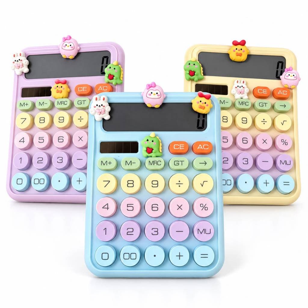 Calculadora Kawaii Grande de Mesa Visor Amplo Teclas Coloridas com 4 Enfeites Fofos para Escritórios