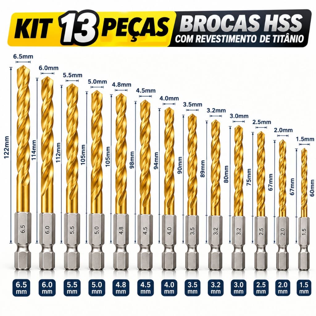 Kit 13 Brocas HSS Titânio com Haste Hexagonal 1/4" Troca Rápida para Furadeira e Parafusadeira Madeira Plástico Alumínio