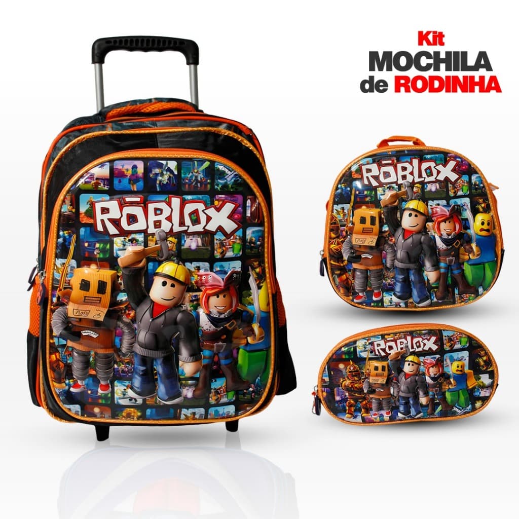 Kit Mochila Escolar 3D Roblox Com Rodinhas Lancheira Termica Estojo Reforçada Confortavel Menino
