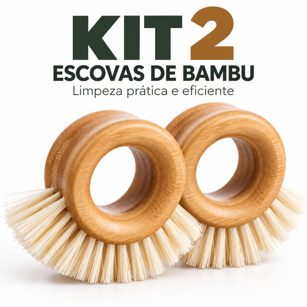 Kit 2 Escovas de Limpeza Bambu Redonda Multiuso Cozinha Pia Panelas Louça