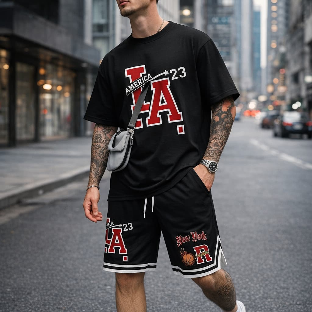 Conjunto Camiseta de manga curta LA 23 e Bermuda De Basquete Dry-fit Estampada Jogador estilosa 100% algodão