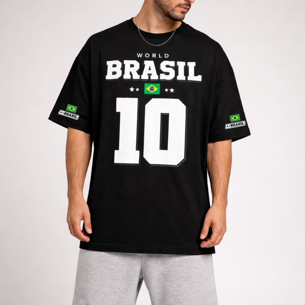 Camiseta Oversized Masculina Estampa "BRASIL" e Número 10 Algodão Premium Torcida Copa do Mundo Moda Futebol Brasileiro