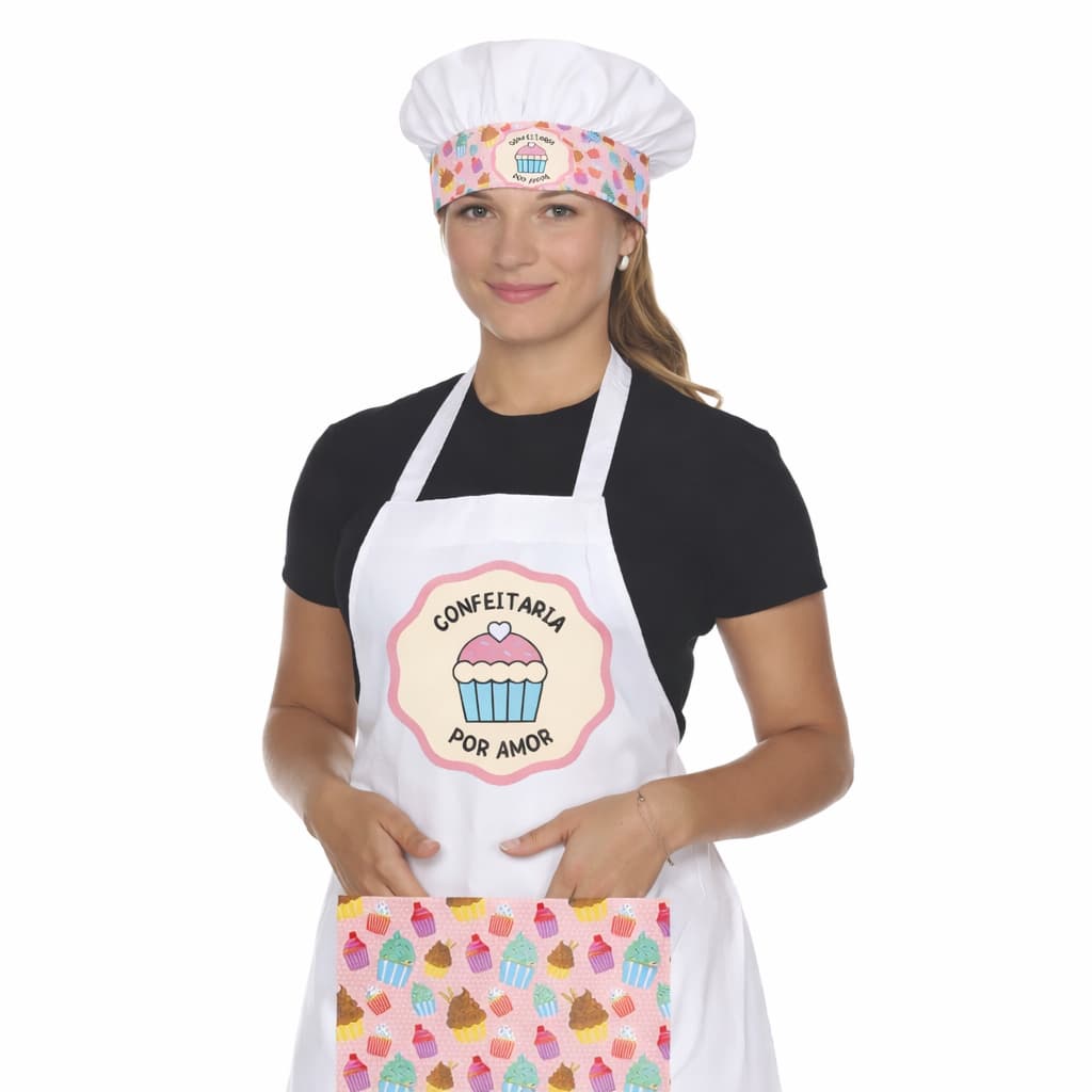 Kit Avental + Touca  Estampado 80x60cm Cozinha Profissional Sorveteria Algodão Doce Pipoca