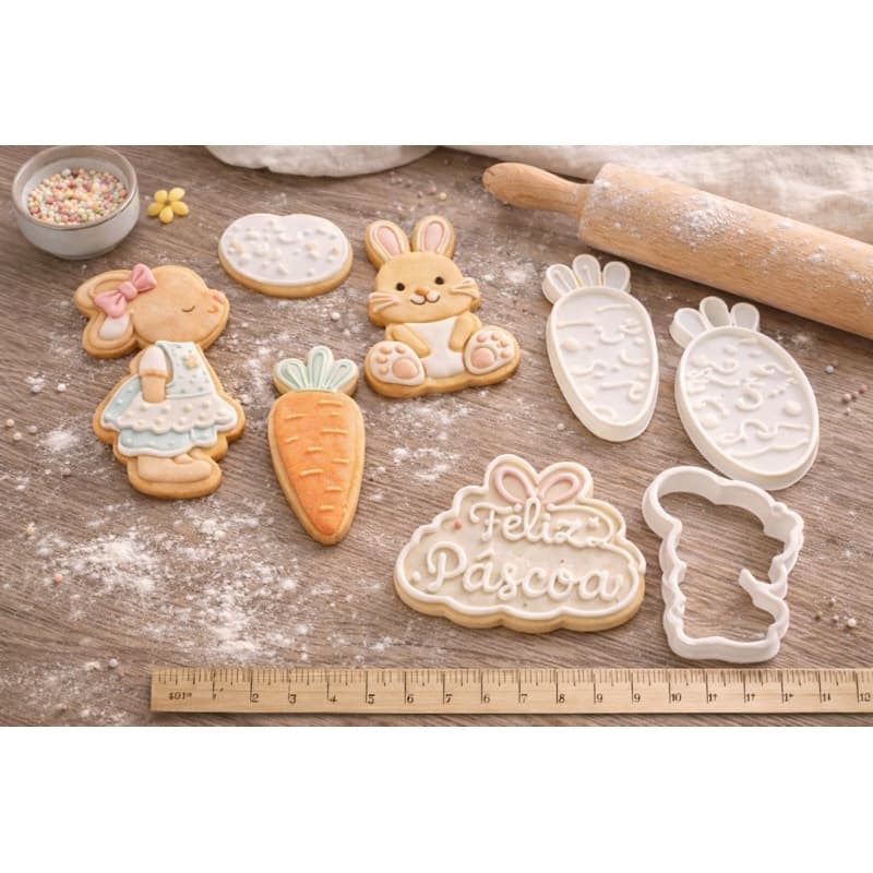 Kit 4 Cortadores Marcador Molde Páscoa | Biscoito Massas Confeitaria Coelho Ovo Cenoura