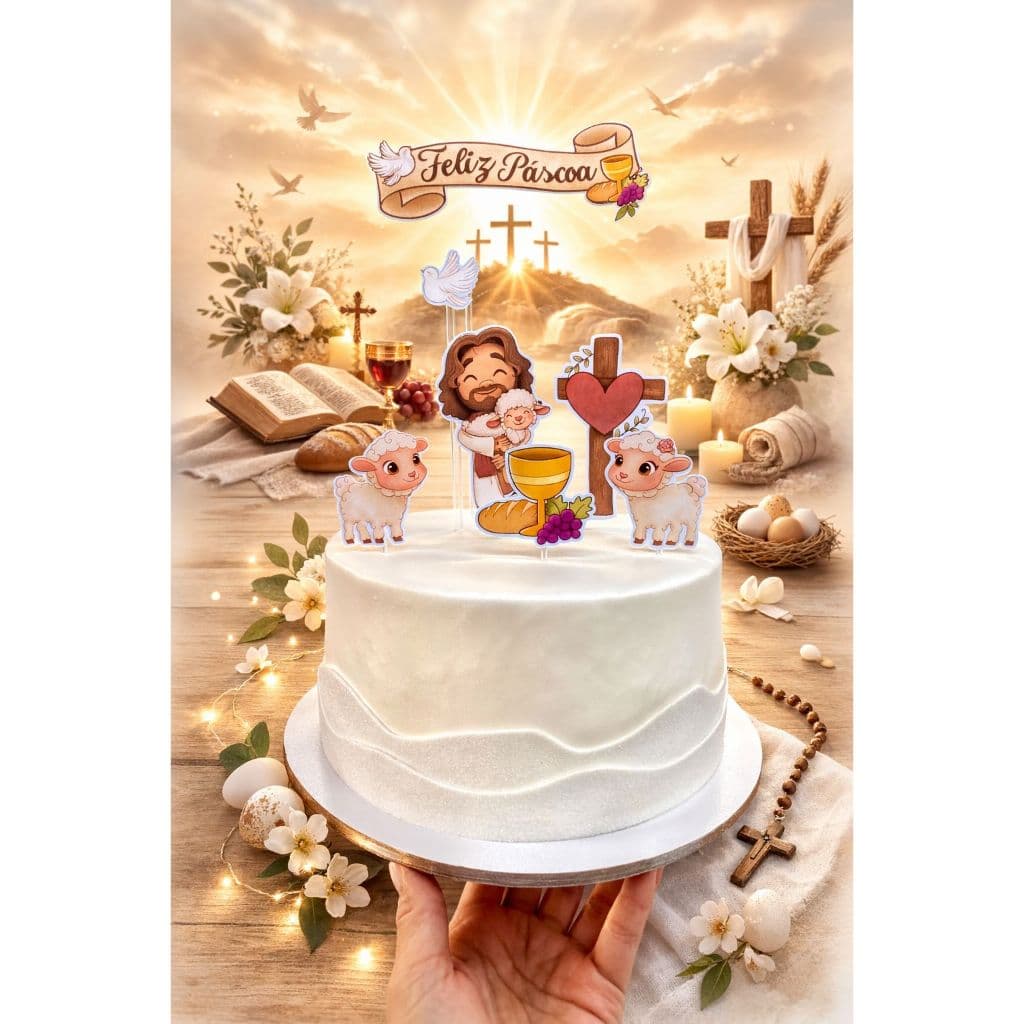 KIT COM 4 TOPO DE BOLO | PÁSCOA CRISTÃ | FELIZ PÁSCOA | PARA BOLO DE 15 CM A 20 CM