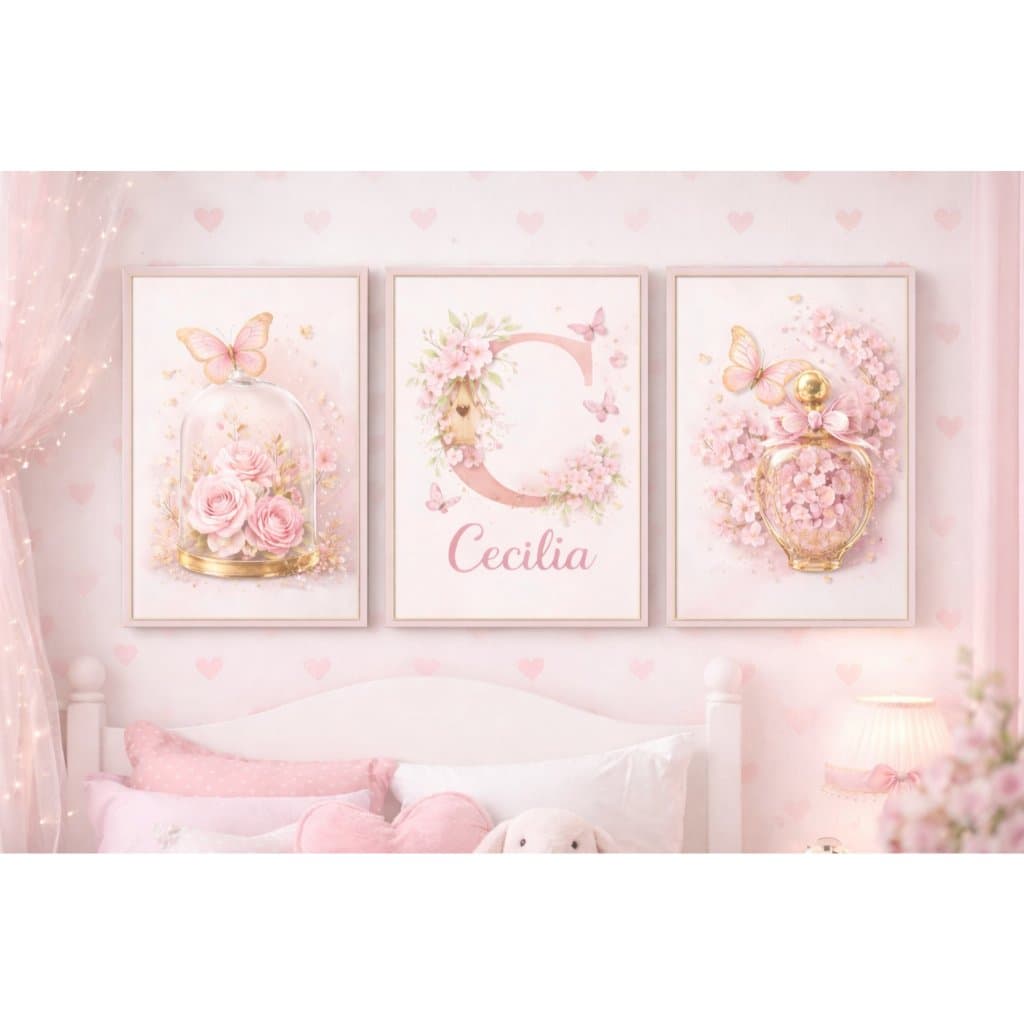 Peças Quadros Decorativos Borboleta Rosa Dourado Flores Infantil Decoração Quarto Menina
