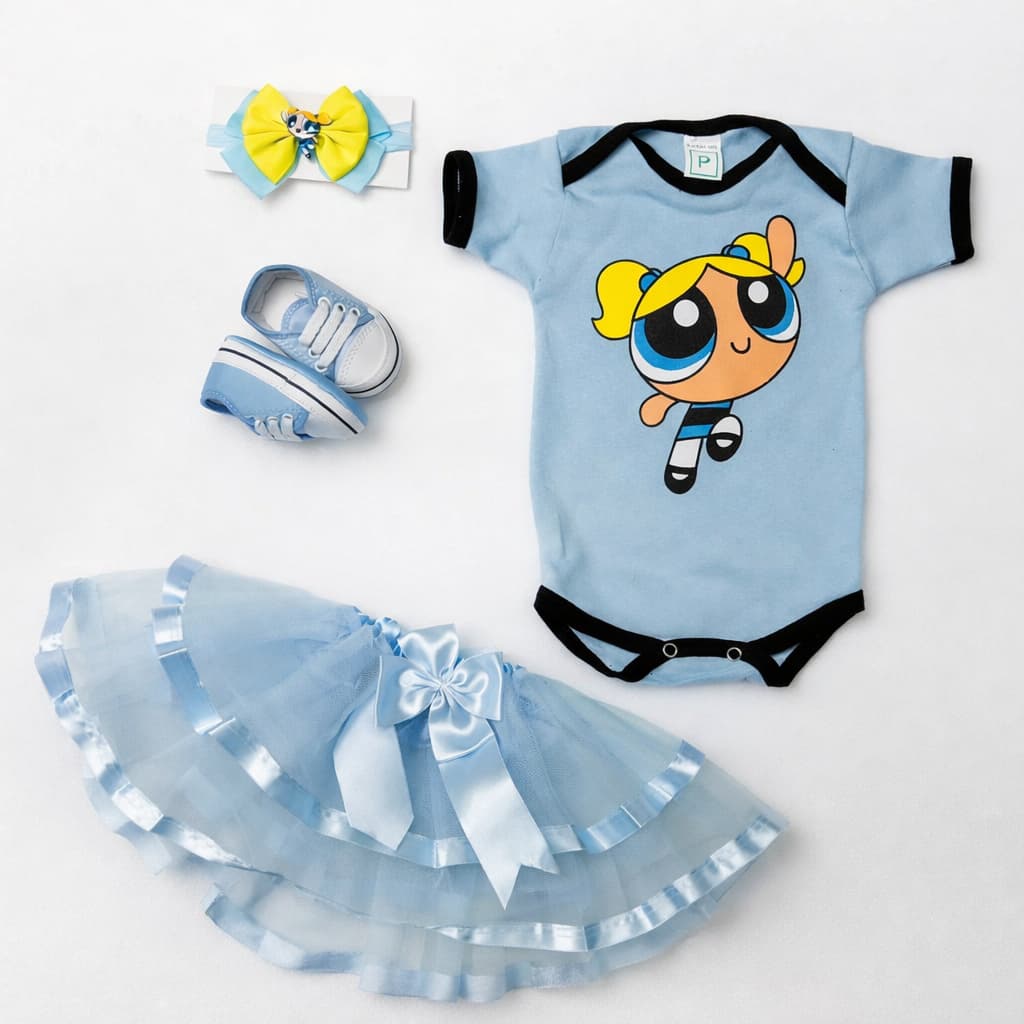 Conjunto Lindinha Mesversário Meninas Super Poderosas Body & Saia Tule & Laço & Tênis
