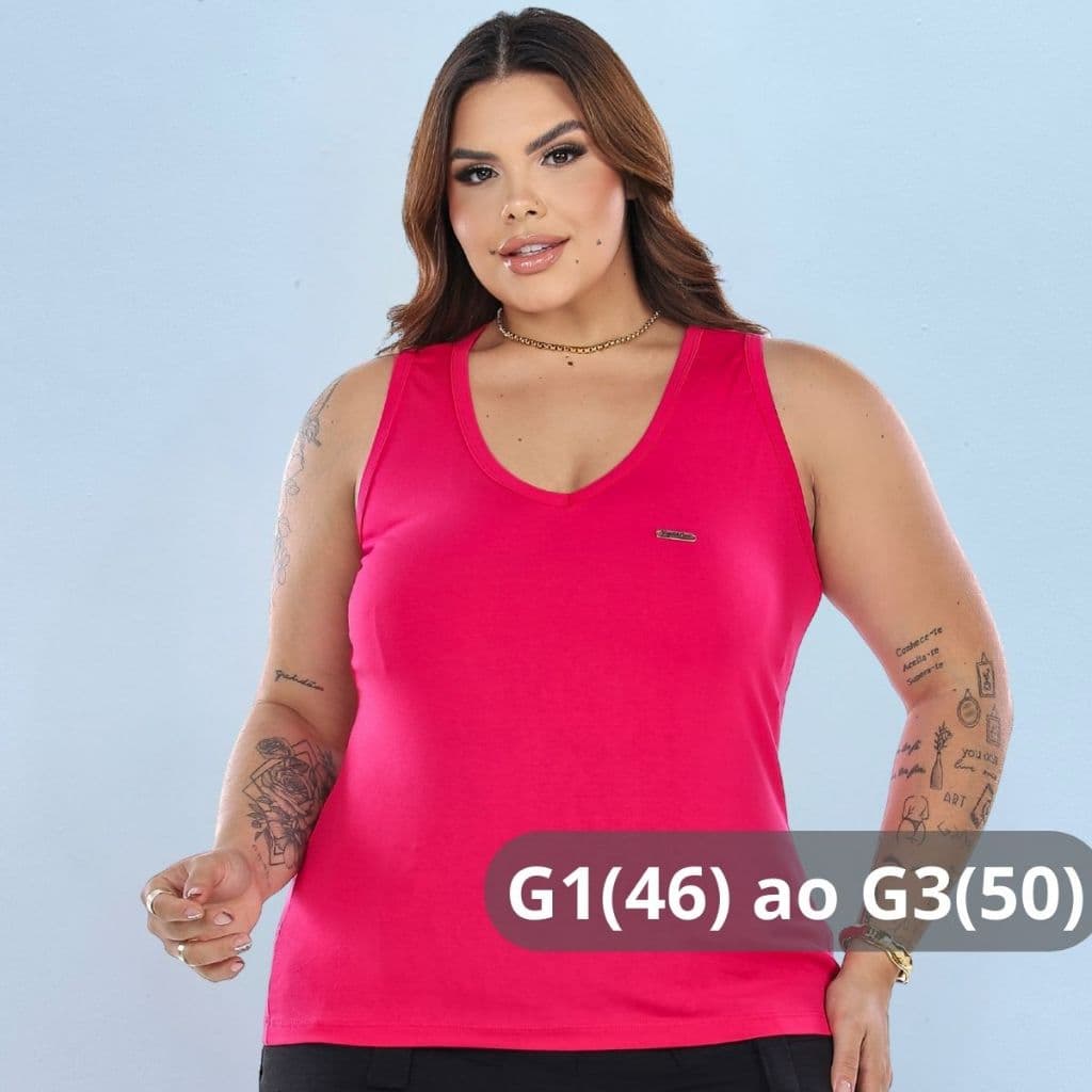Regata Feminina Plus Size Longa G1 G2 G3 Tecido Viscolycra Confortável Gola V Básica Elegante Casual  Dia a Dia Regatão