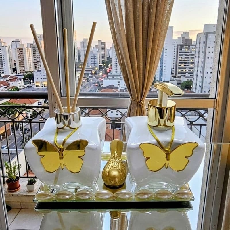 Jogo banheiro Luxo Organizadores Kit Saboneteira e Difusor de Aromas Kit Lavabo Luxo Difusor Saboneteira