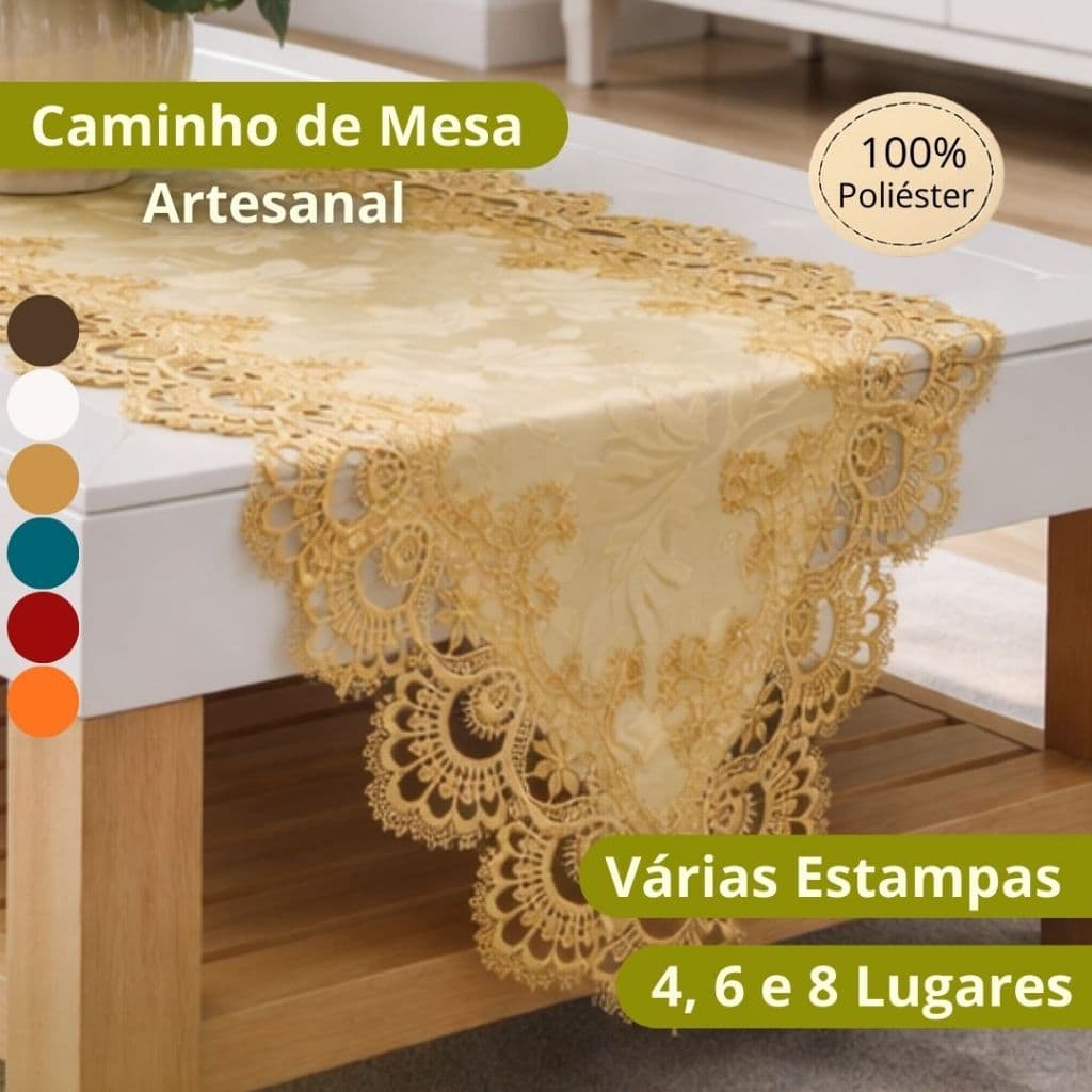 Caminho de Mesa Artesanal Renda Guipir para Mesa 4 6 e 8 Lugares