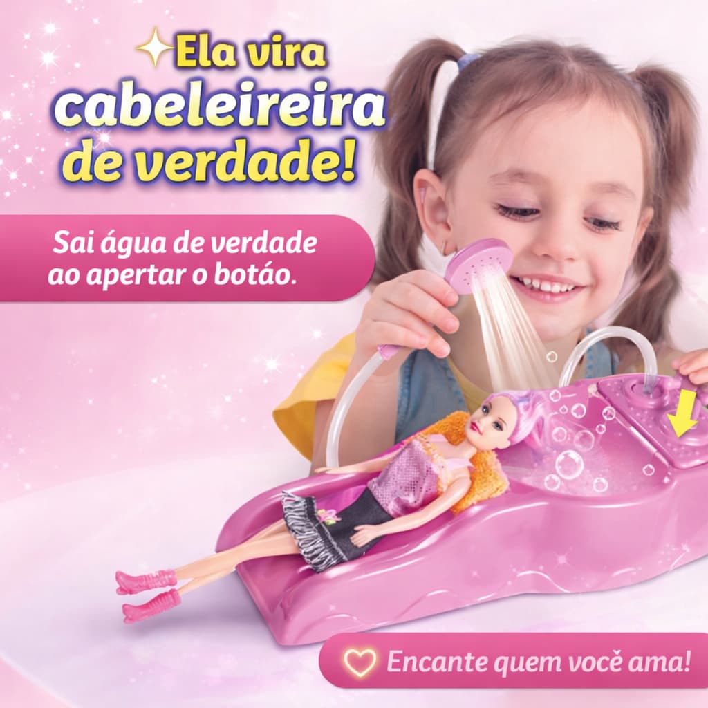 Kit Lavatório Infantil com Água de Verdade + Boneca 30cm e Acessórios Salão Cabeleireiro Rosa