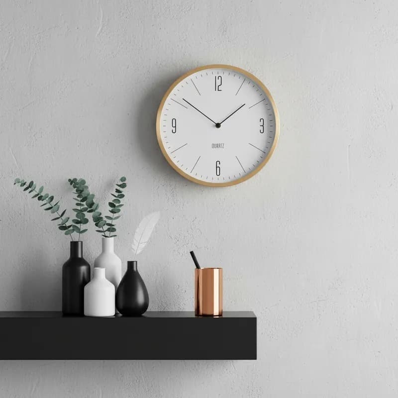 Relógio De Parede Analógico Sala Cozinha 30x30cm Dourado Branco