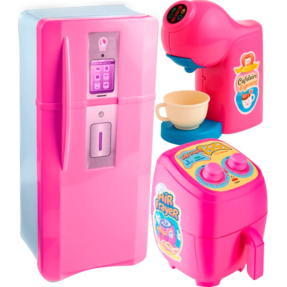 GELADEIRA CAFETEIRA LIQUIDIFICADOR, COZINHA FAZ DE CONTA BRINCANDO COM ELETRODOMESTICO. MENINA ROSA.